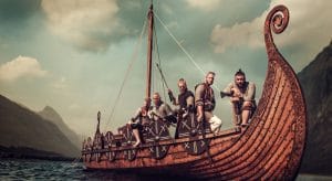 Ficción vikingos en barco Drakkar